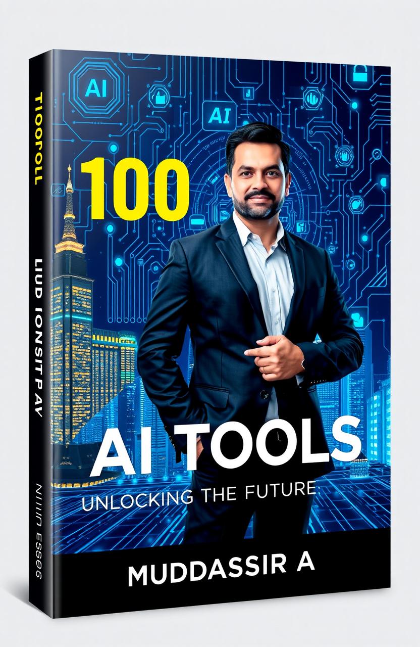 A professional book cover design for '100 AI Tools: Unlocking the Future' by Muddassir A (Elite Pages)