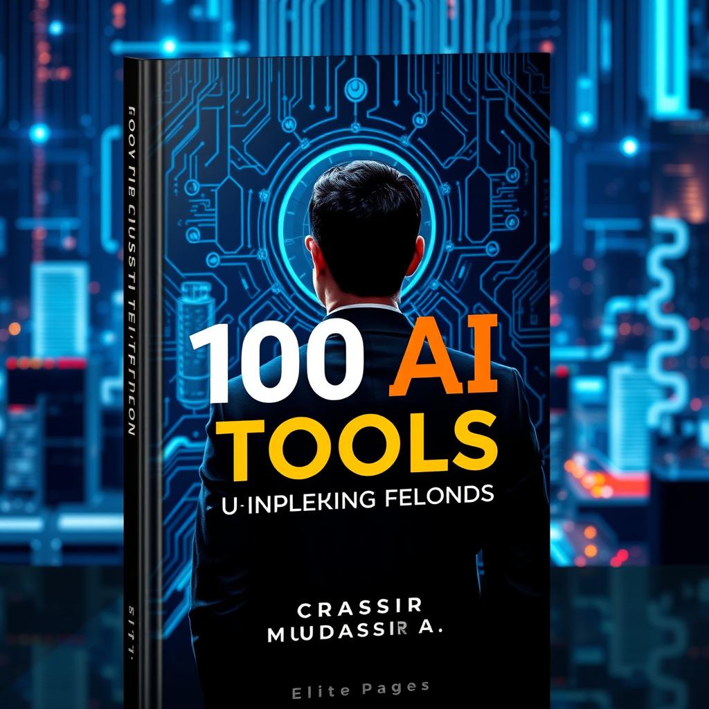 A professional book cover design for '100 AI Tools: Unlocking the Future' by Muddassir A (Elite Pages)