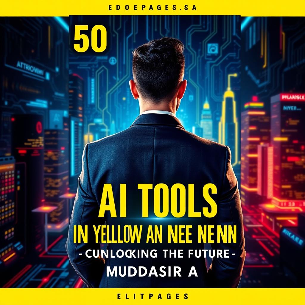 A professional book cover design for '50 AI Tools In Yellow and Red Neon: Unlocking the Future' by Muddassir A (Elite Pages)