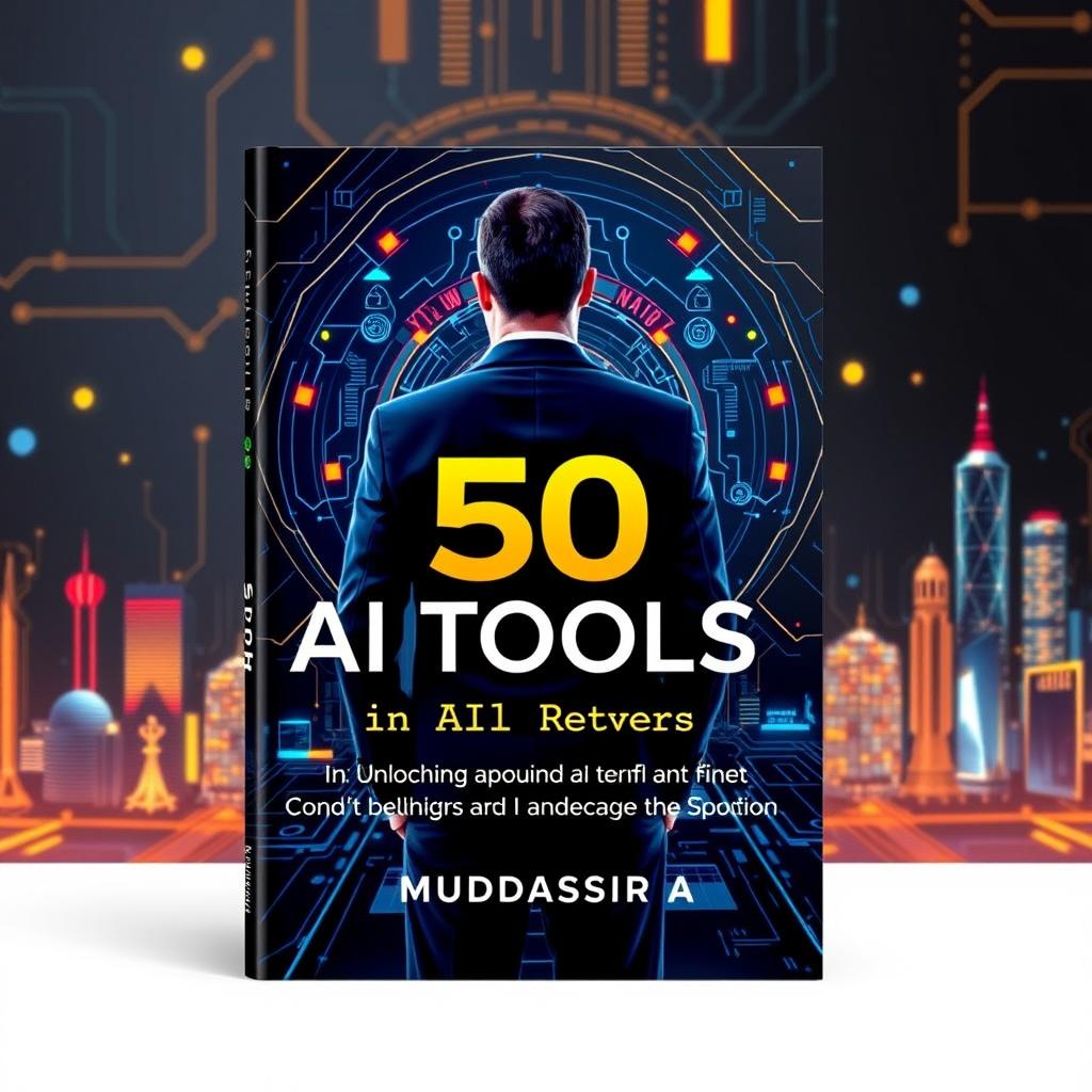 A professional book cover design for '50 AI Tools (In Yellow and Red Neon): Unlocking the Future' by Muddassir A (Elite Pages)
