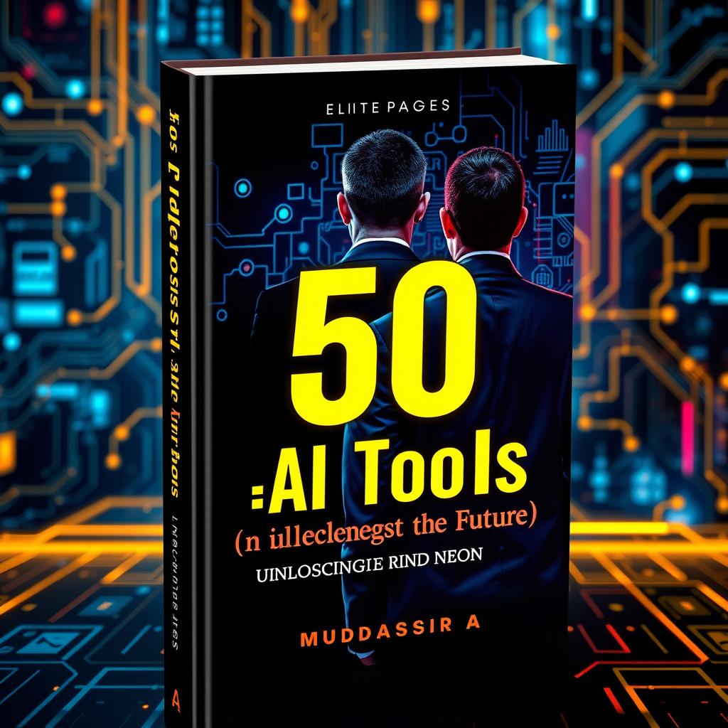 A professional book cover design for '50 AI Tools (In Yellow and Red Neon): Unlocking the Future' by Muddassir A (Elite Pages)