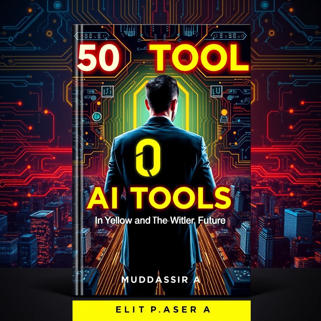 A striking and professional book cover design for '50 AI Tools (In Yellow and Red Neon): Unlocking the Future' by Muddassir A (Elite Pages)