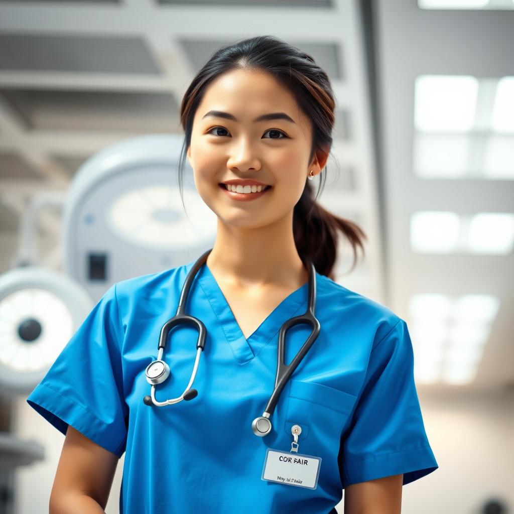 A female Asian doctor wearing bright blue scrubs, standing confidently in a hospital setting while looking directly at the camera