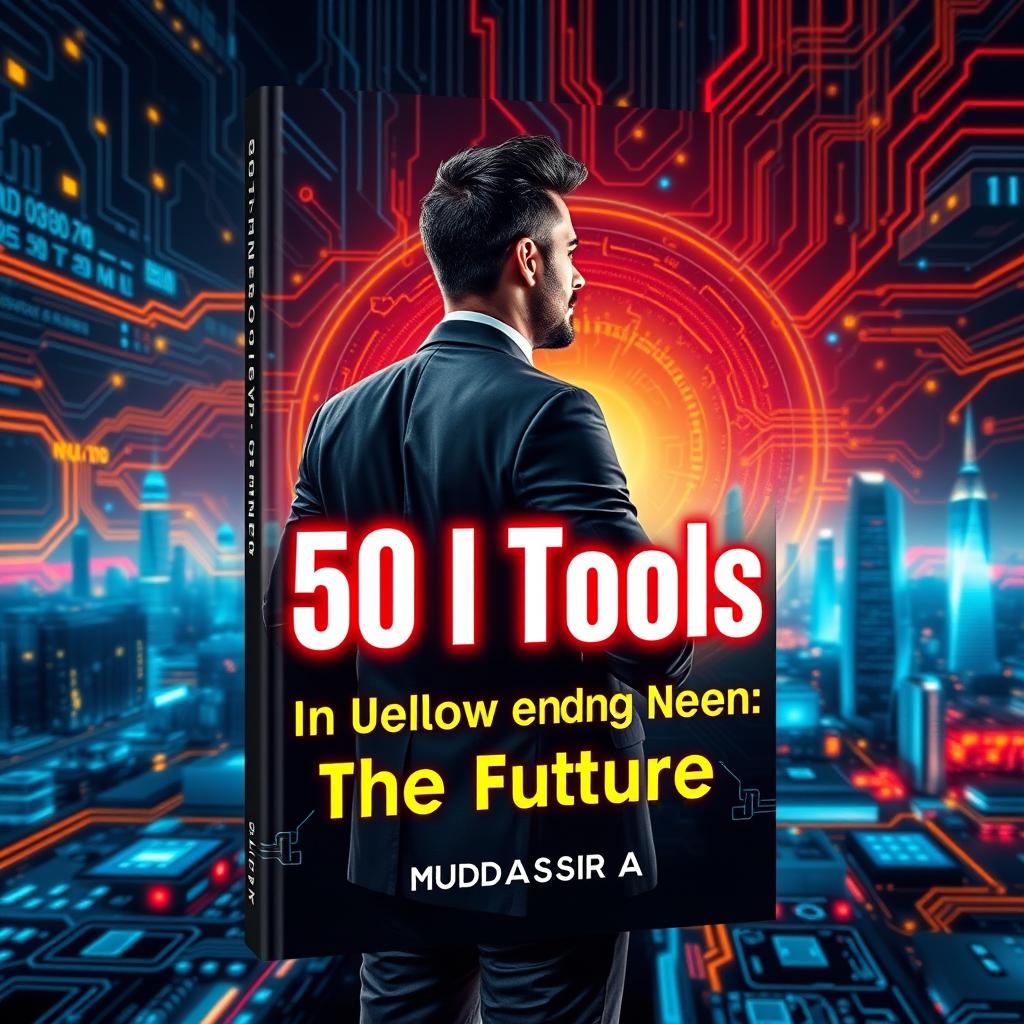 A captivating and professional book cover design for '50 AI Tools (In Yellow and Red Neon): Unlocking the Future' by Muddassir A (Elite Pages)