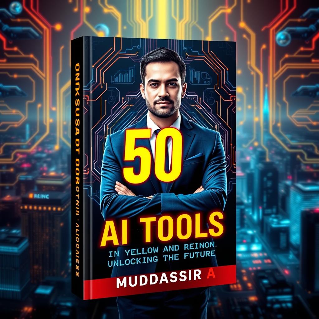 A visually stunning and professional book cover design for '50 AI Tools (In Yellow and Red Neon): Unlocking the Future' by Muddassir A (Elite Pages)