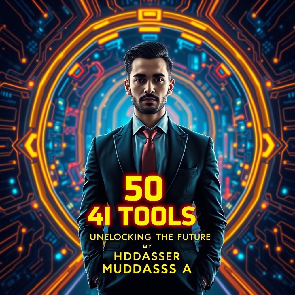 An exceptional and professional book cover design for '50 AI Tools (In Yellow and Red Neon): Unlocking the Future' by Muddassir A (Elite Pages)