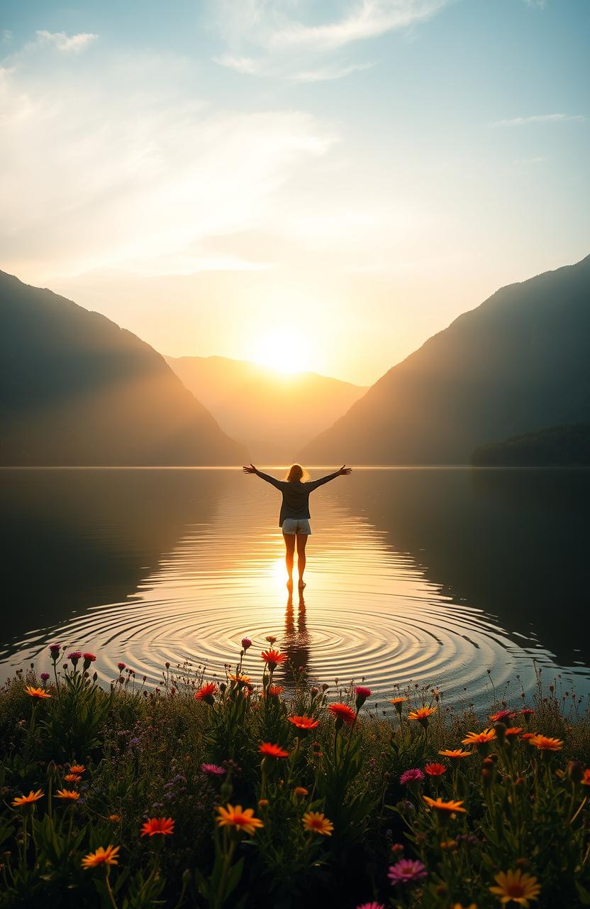 A serene landscape showcasing a breathtaking sunrise over a calm lake, surrounded by lush green mountains and vibrant wildflowers in the foreground