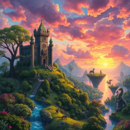 A fantastical landscape depicting a vibrant fantasy world filled with lush green forests, crystal-clear rivers, and floating islands