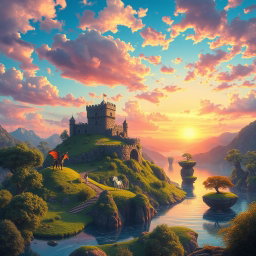 A fantastical landscape depicting a vibrant fantasy world filled with lush green forests, crystal-clear rivers, and floating islands