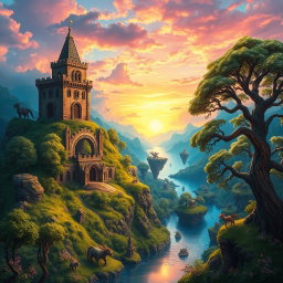 A fantastical landscape depicting a vibrant fantasy world filled with lush green forests, crystal-clear rivers, and floating islands