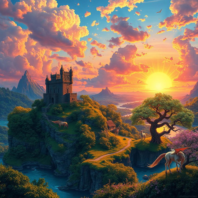 A fantastical landscape depicting a vibrant fantasy world filled with lush green forests, crystal-clear rivers, and floating islands