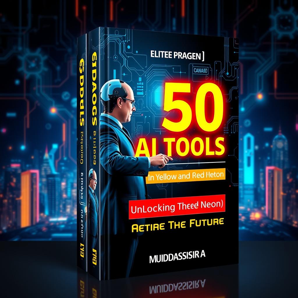 An impressive and professional book cover design for '50 AI Tools (In Yellow and Red Neon): Unlocking the Future' by Muddassir A (Elite Pages)