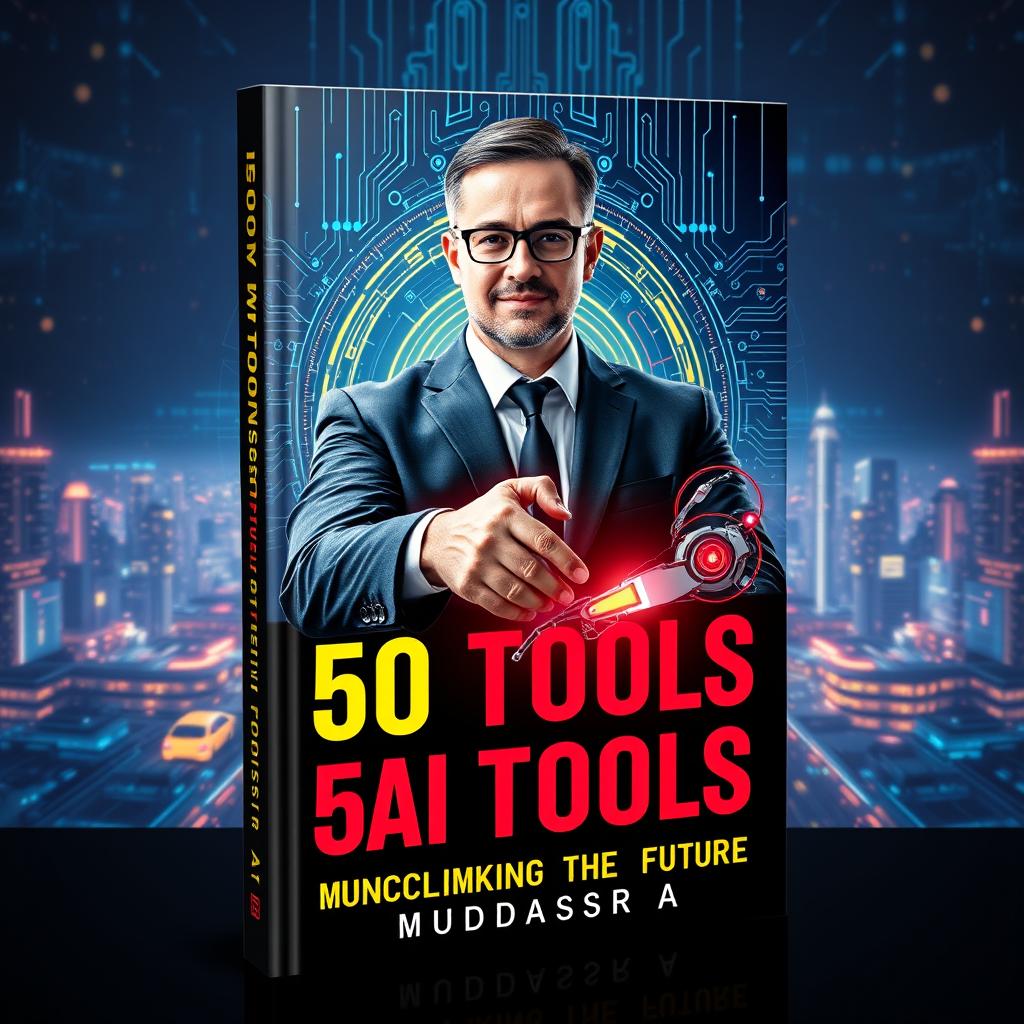A striking and professional book cover design for '50 AI Tools (In Yellow and Red Neon): Unlocking the Future' by Muddassir A (Elite Pages)