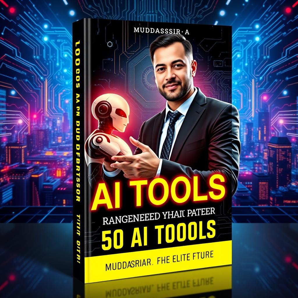 A stunning and professional book cover design for '50 AI Tools (In Yellow and Red Neon): Unlocking the Future' by Muddassir A (Elite Pages)