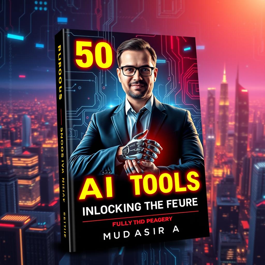 A captivating and professional book cover design for '50 AI Tools (In Yellow and Red Neon): Unlocking the Future' by Muddassir A (Elite Pages)