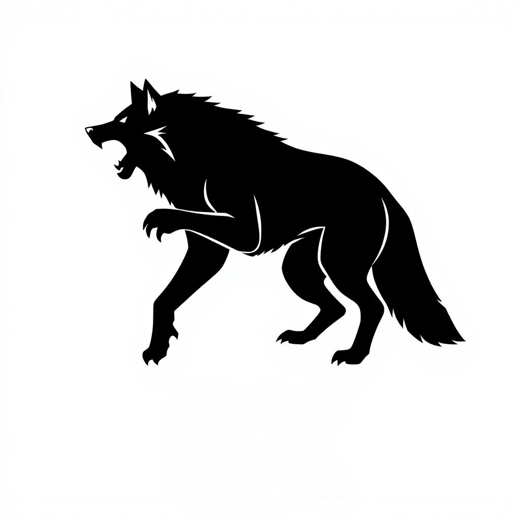 A vector logo of a fierce wolf silhouette in black, depicted standing on two legs and facing sideways