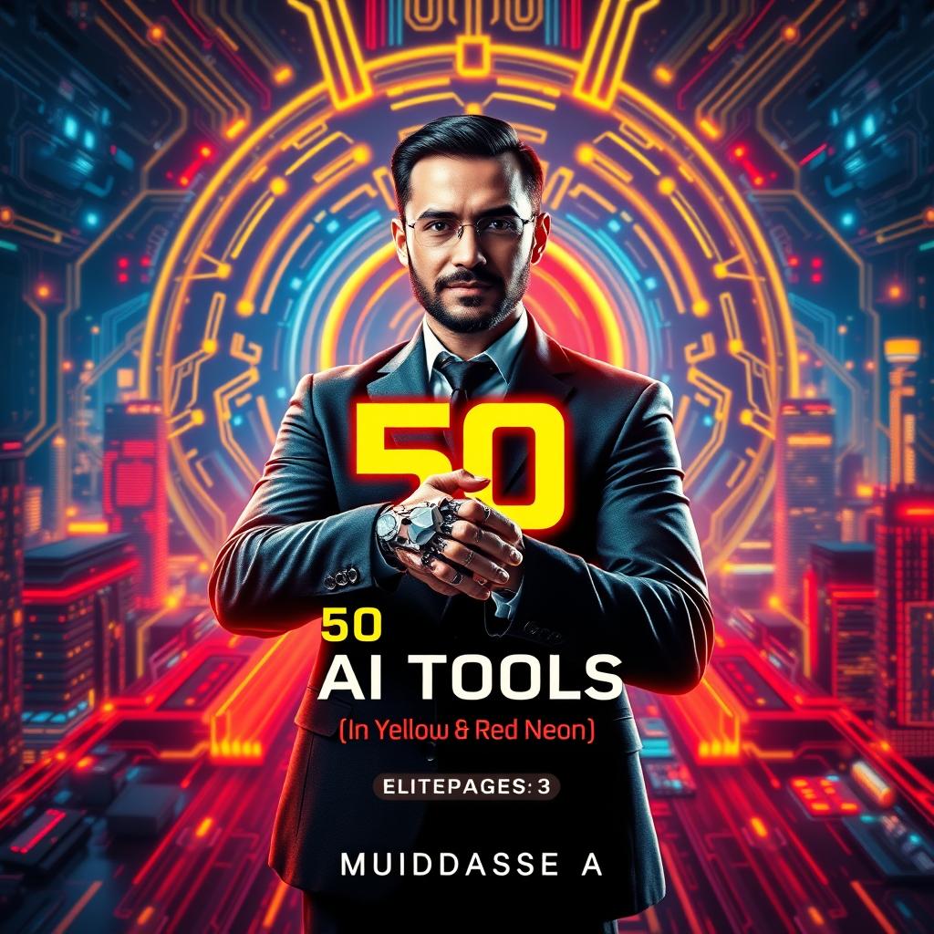 An eye-catching and professional book cover design for '50 AI Tools (In Yellow and Red Neon): Unlocking the Future' by Muddassir A (Elite Pages)