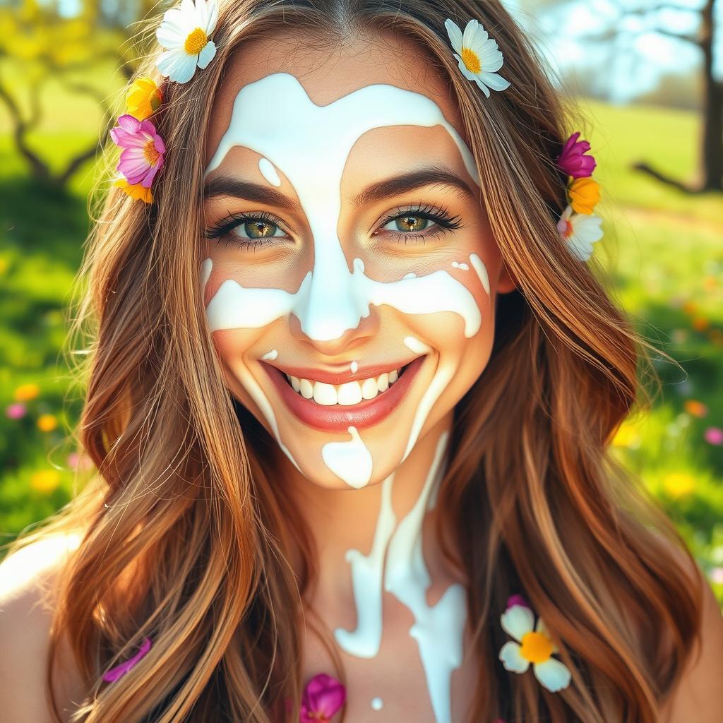 A woman with an artistic expression, her face playfully splattered with white milk, creating a whimsical and surreal effect