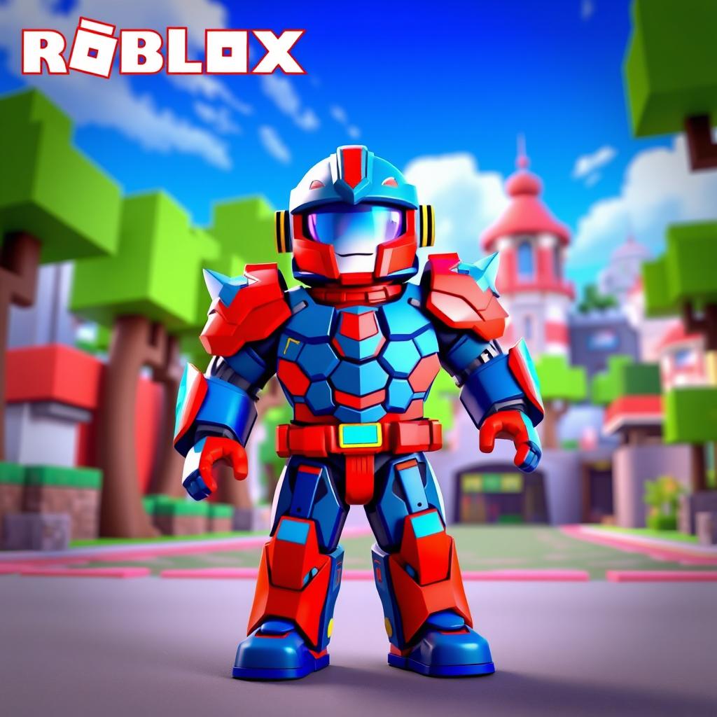A vibrant and imaginative scene set in a Roblox game environment, featuring a character in an armored suit standing confidently