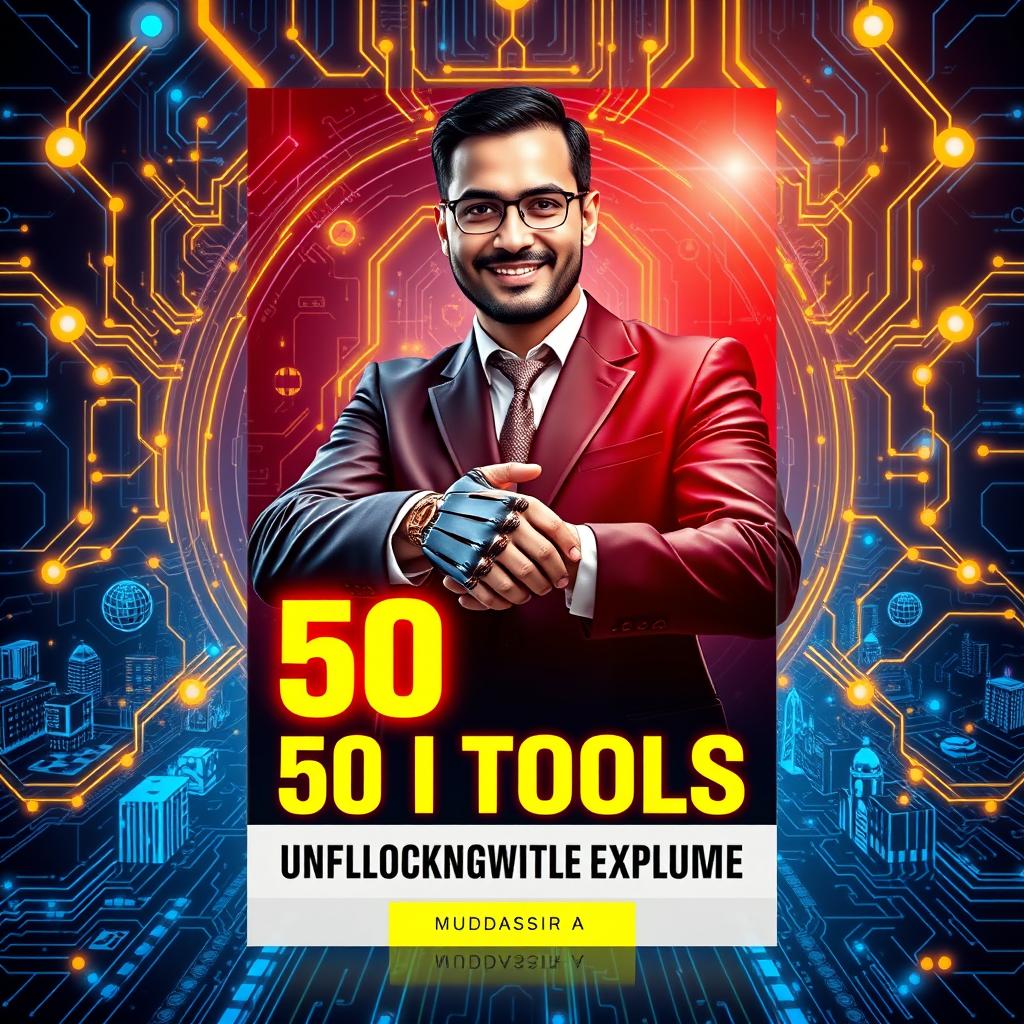 A visually striking and professional book cover design for '50 AI Tools (In Yellow and Red Neon): Unlocking the Future' by Muddassir A (Elite Pages)