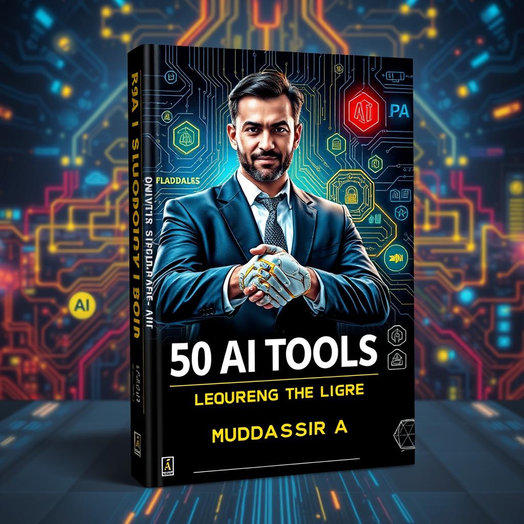 A striking and professional book cover design for '50 AI Tools (In Yellow and Red Neon): Unlocking the Future' by Muddassir A (Elite Pages)