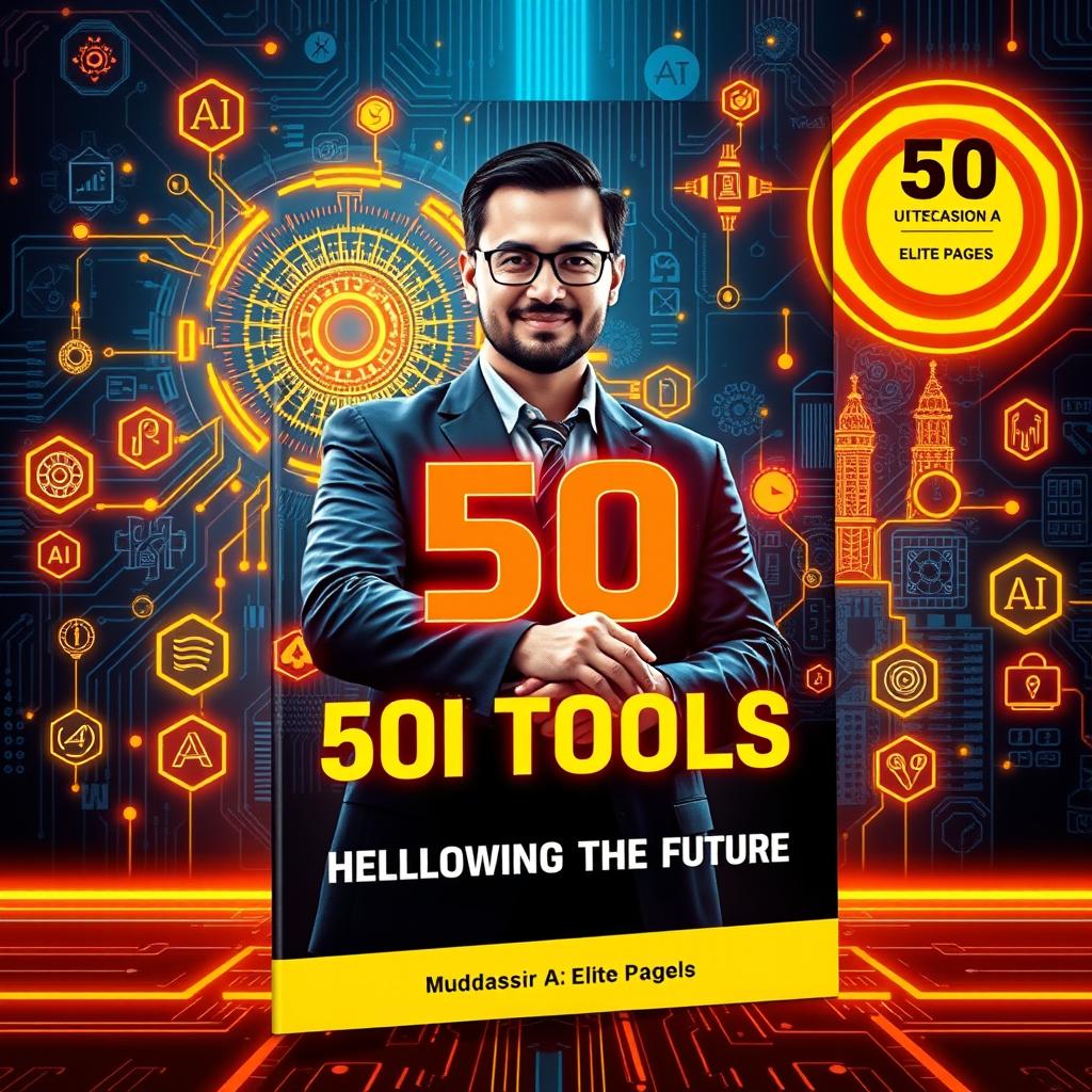 A captivating and professional book cover design for '50 AI Tools (In Yellow and Red Neon): Unlocking the Future' by Muddassir A (Elite Pages)