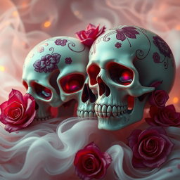A stunningly artistic portrayal of sensual skulls, intricately designed with ornate floral patterns and soft, flowing curves