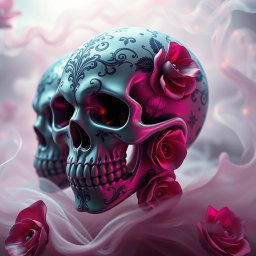 A stunningly artistic portrayal of sensual skulls, intricately designed with ornate floral patterns and soft, flowing curves