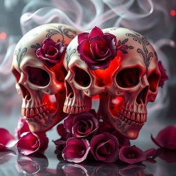 A stunningly artistic portrayal of sensual skulls, intricately designed with ornate floral patterns and soft, flowing curves