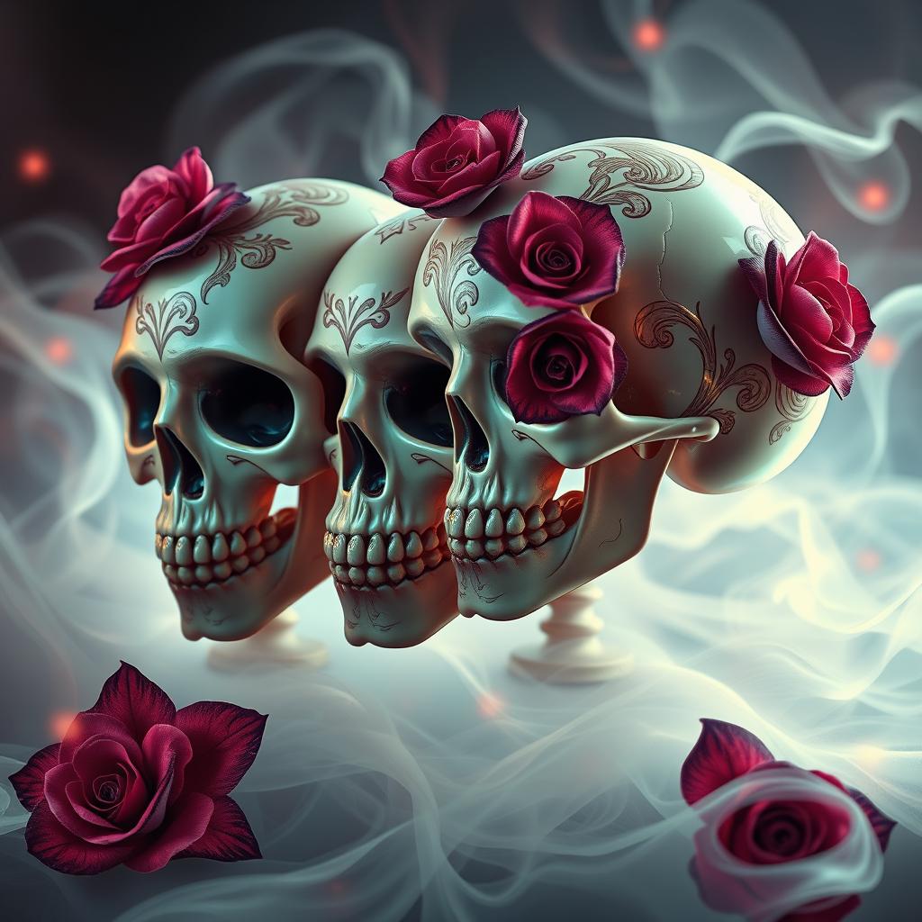 A stunningly artistic portrayal of sensual skulls, intricately designed with ornate floral patterns and soft, flowing curves
