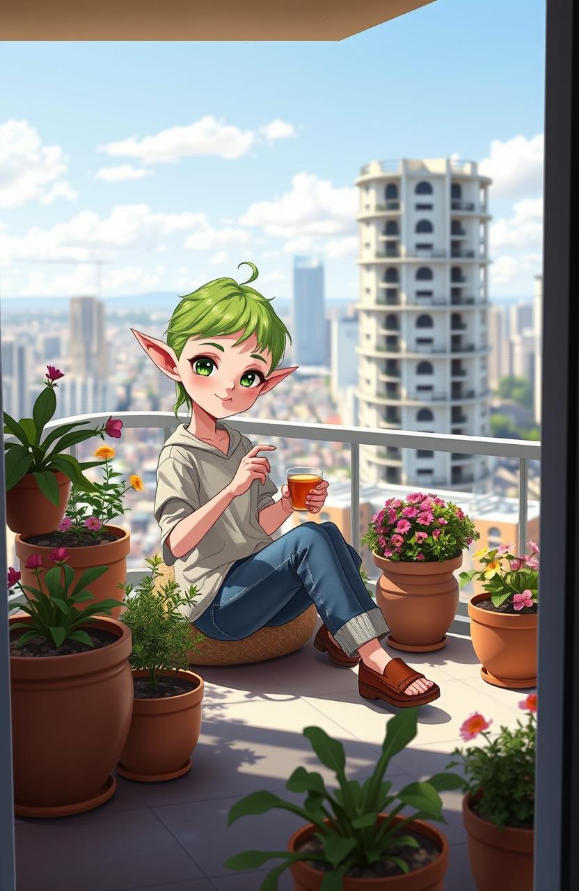 A cute earless elf girl sitting on a balcony of a modern apartment, dressed in casual contemporary clothing
