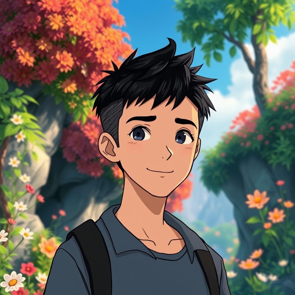 A male character with very short textured black hair styled in a mid fade, inspired by the enchanting art style of Studio Ghibli