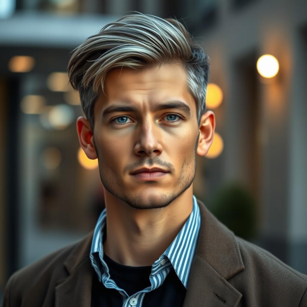 A 30-year-old adult man with ash grey hair and subtle stubble, showcasing a blend of cool tones in his hair, highlighting his mature yet youthful appearance