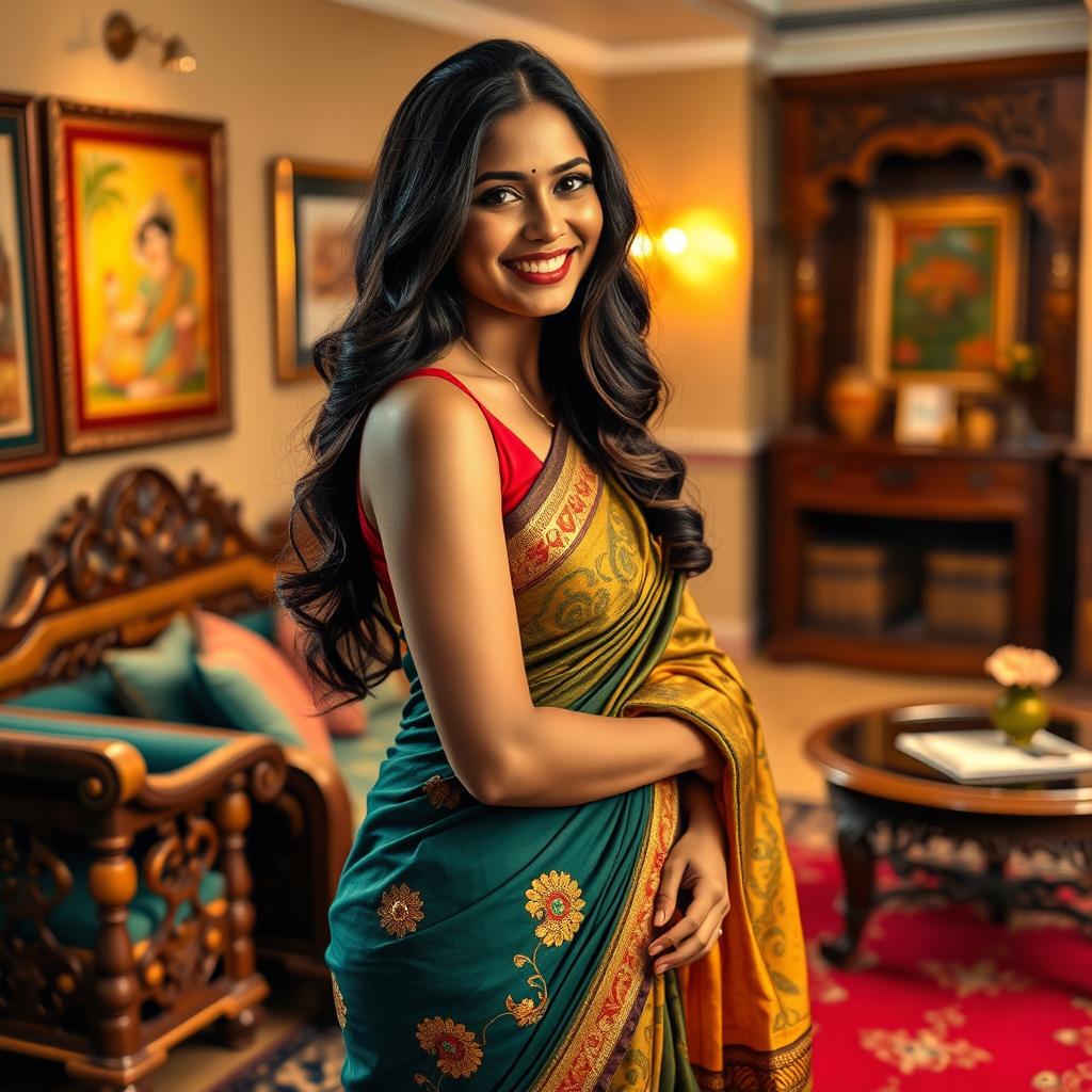 A stunning Bengali woman dressed in a traditional saree, elegantly draped to accentuate her curves, standing in a beautifully decorated living room