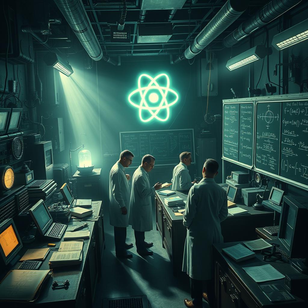 A dramatic and detailed interpretation of the creation of the atomic bomb, showcasing scientists in a high-tech laboratory filled with complex equipment, glowing computer screens, and intricate machinery