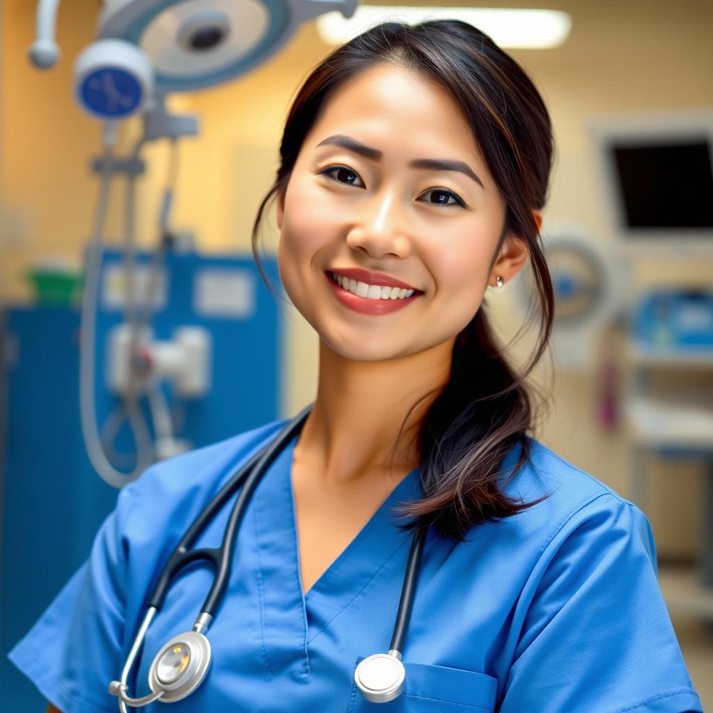 A female Asian doctor wearing blue scrubs, smiling confidently while looking directly at the camera in a hospital setting