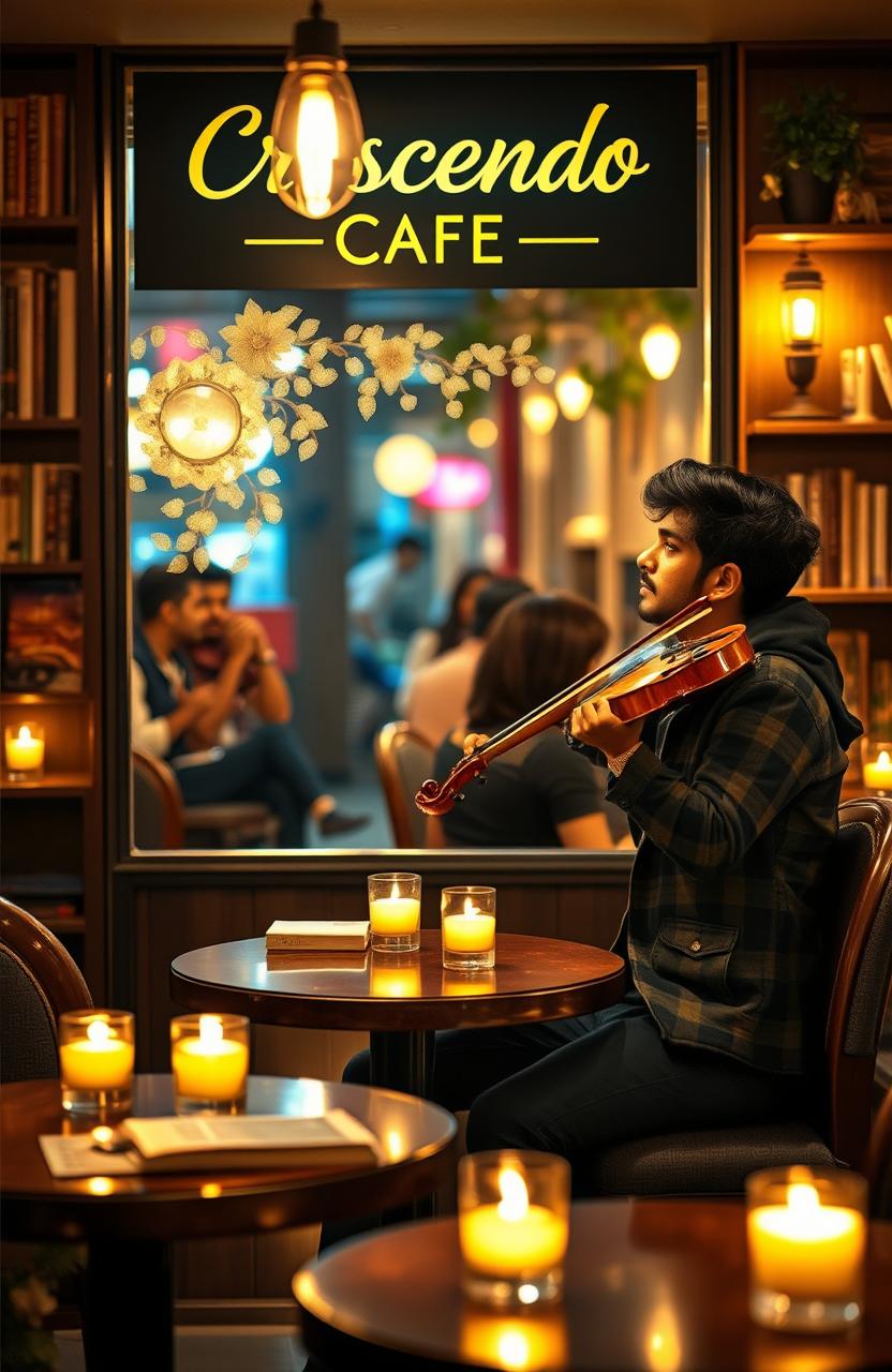 A romantic scene set in a cozy cafe named 'Crescendo Cafe', beautifully adorned with soft lights and inviting decor