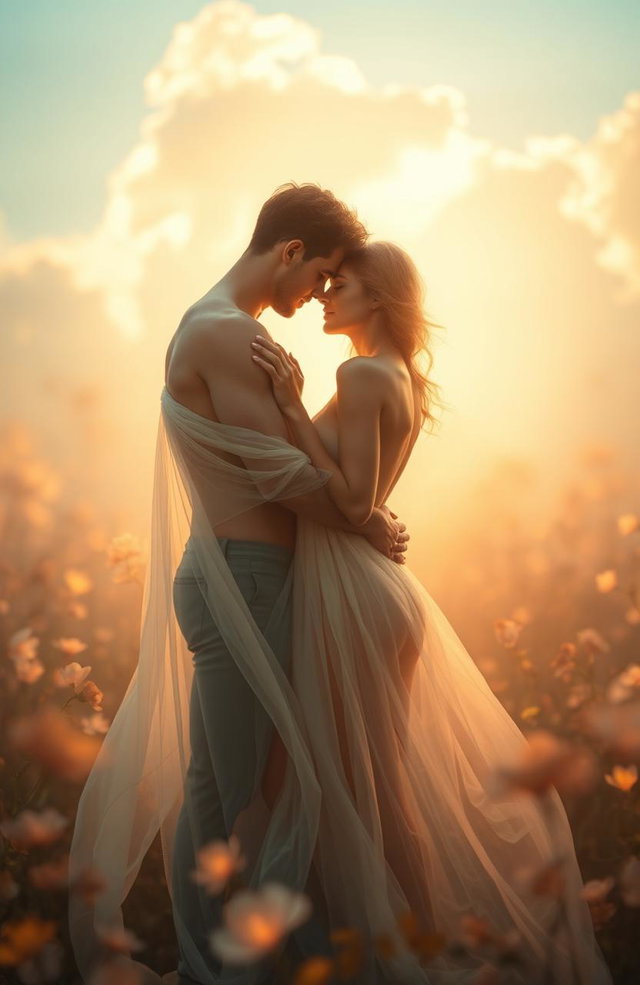 A dreamy, ethereal scene depicting a pair of adults engaged in intimate and sensual whispered communication, surrounded by soft golden light