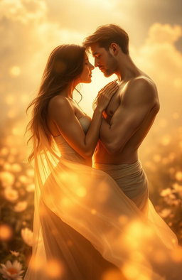 A dreamy, ethereal scene depicting a pair of adults engaged in intimate and sensual whispered communication, surrounded by soft golden light