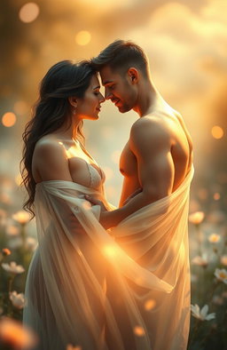 A dreamy, ethereal scene depicting a pair of adults engaged in intimate and sensual whispered communication, surrounded by soft golden light