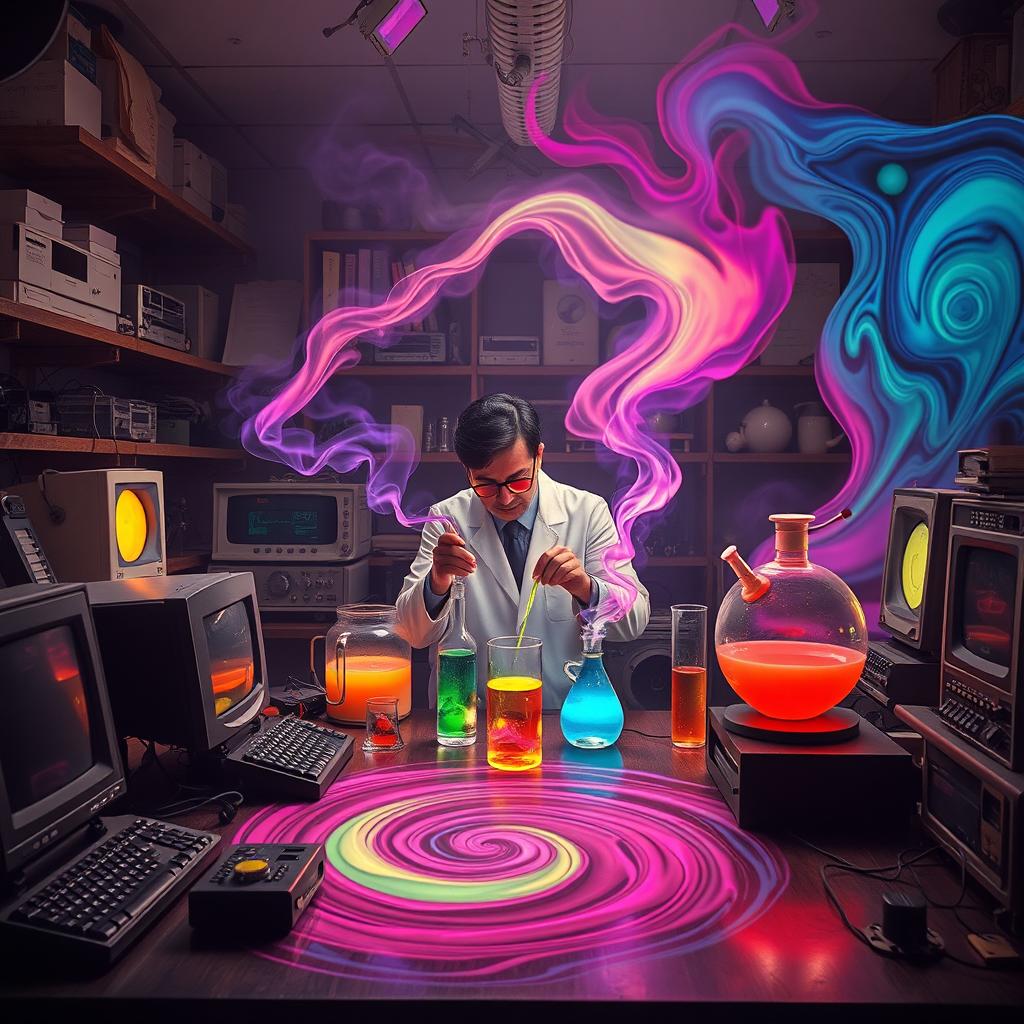 An artistic interpretation of CIA experiments involving LSD, set in a vintage laboratory with retro-futuristic equipment