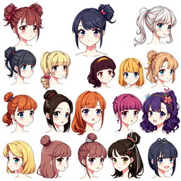 A colorful and vibrant illustration of an anime-style female character showcasing 30 unique hairstyle variations