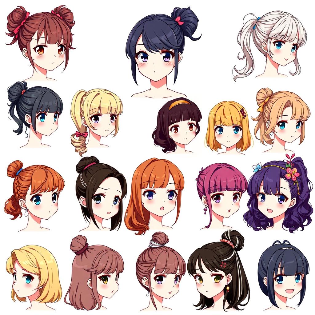 A colorful and vibrant illustration of an anime-style female character showcasing 30 unique hairstyle variations