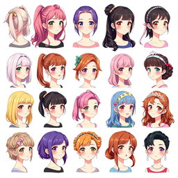 A colorful and vibrant illustration of an anime-style female character showcasing 30 unique hairstyle variations