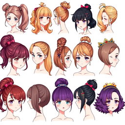 A colorful and vibrant illustration of an anime-style female character showcasing 30 unique hairstyle variations