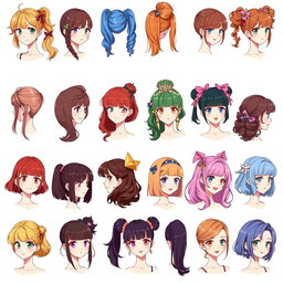 A colorful and vibrant illustration of an anime-style female character showcasing 30 unique hairstyle variations