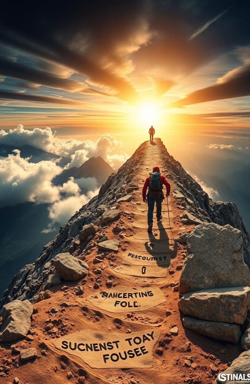 A visual metaphor depicting a mentally tough journey to success, featuring a rugged mountain trail leading up to a bright sunrise, symbolizing hope and achievement