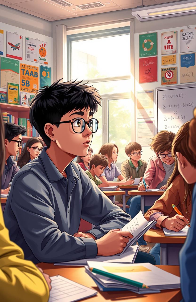 A captivating scene illustrating a critical high school student sitting in a bustling classroom, surrounded by diverse classmates