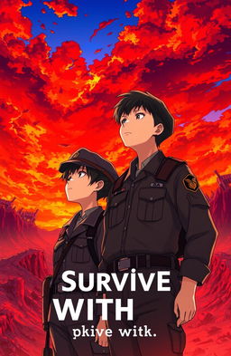 A 20 year old male soldier in a military uniform and a 15 year old female soldier, also in military attire, standing side by side, gazing up at a breathtaking red sky filled with vibrant hues of crimson and orange