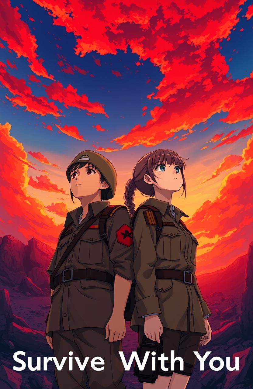 A 20 year old male soldier in a military uniform and a 15 year old female soldier, also in military attire, standing side by side, gazing up at a breathtaking red sky filled with vibrant hues of crimson and orange